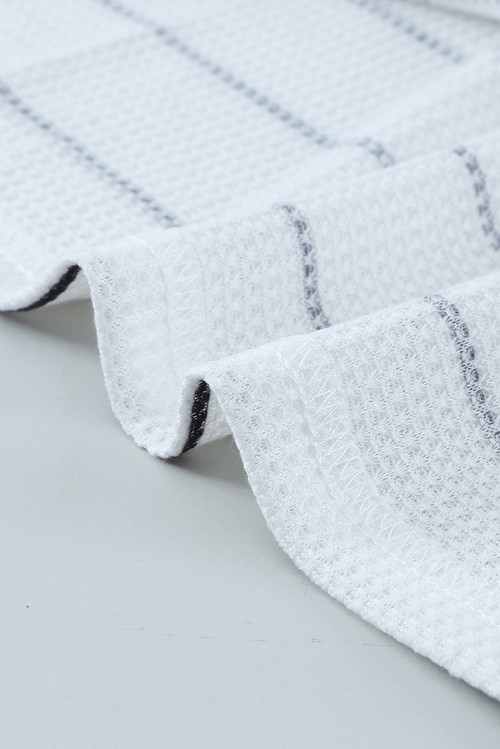 White Striped Buttoned Henley Waffle Knit Top