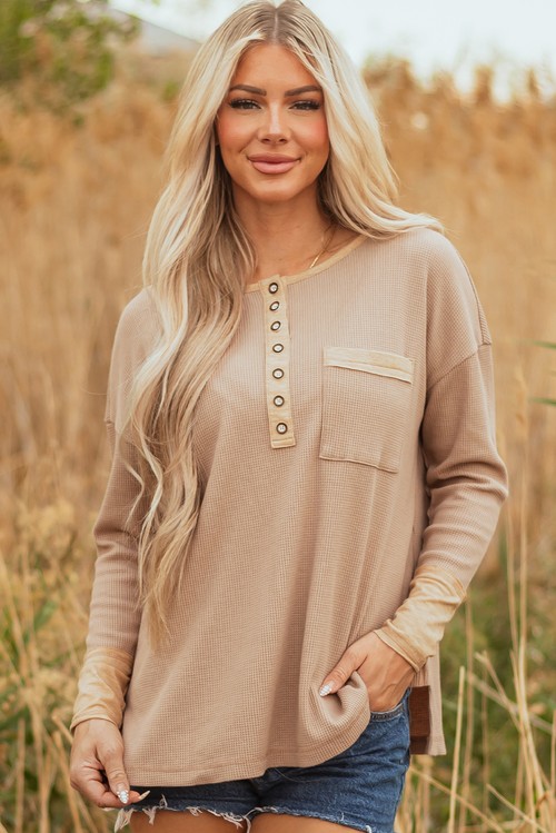 Dark Khaki Color Block Waffle Textured Tunic Henley Top with