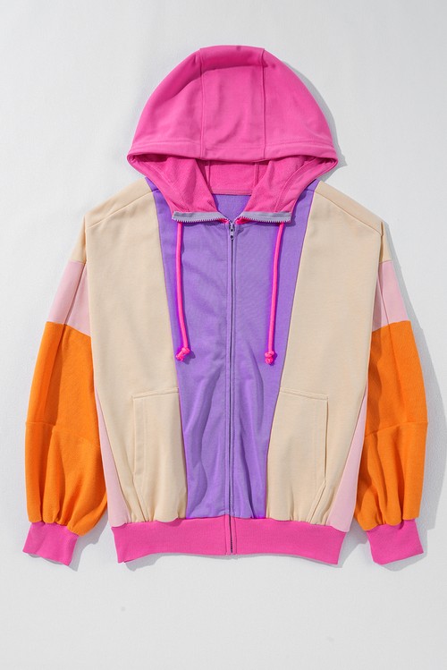 Grapefruit Orange Oversized Colorblock Patchwork Full Zipped Hoodie