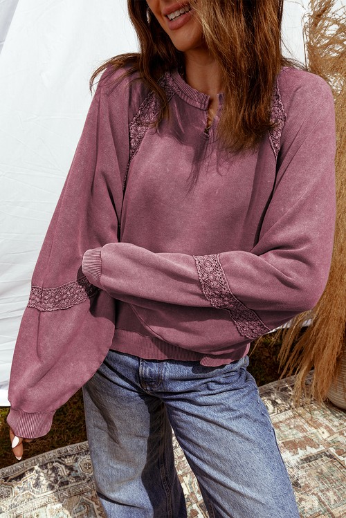 Red Dahlia Lace Patchwork Detail Notched Neck Mineral Wash Baggy