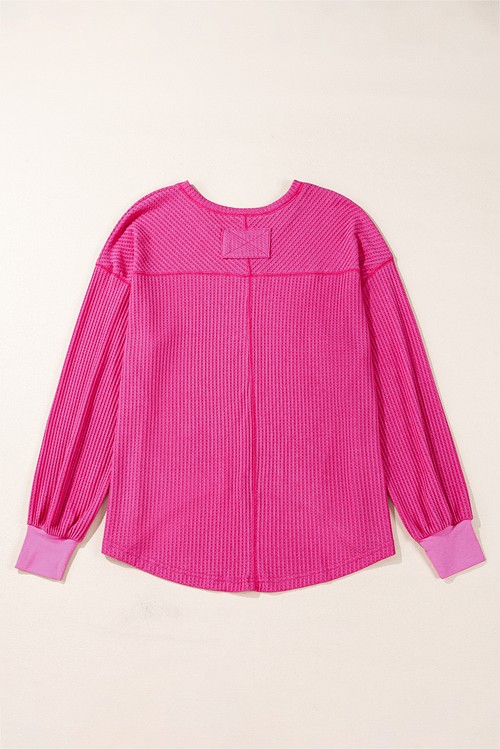 Bright Pink Waffle V Neck Long Sleeve Drop Shoulder Loose