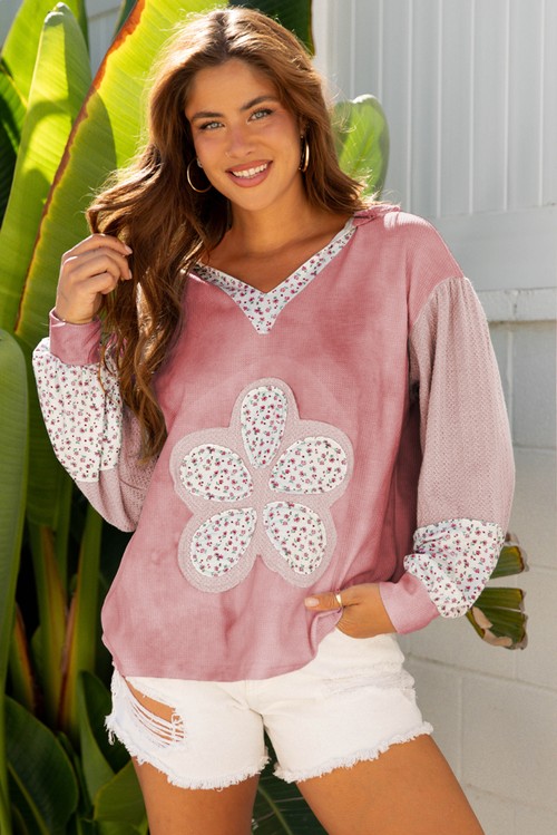 Pink Floral Patched Waffle Textured Colorblock V Neck Casual Hooded