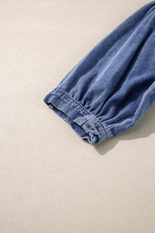 Sky Blue 3 4 Sleeve Ruffled Patched Pocket Denim Blouse