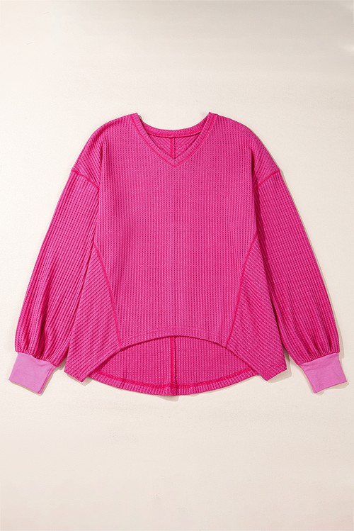 Bright Pink Waffle V Neck Long Sleeve Drop Shoulder Loose