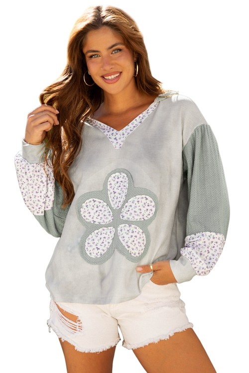 Green Floral Patched Waffle Textured Colorblock V Neck Casual Hooded