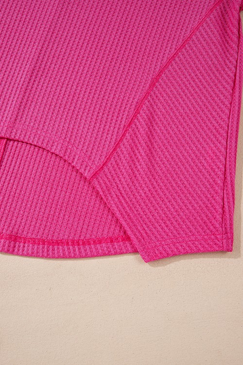 Bright Pink Waffle V Neck Long Sleeve Drop Shoulder Loose