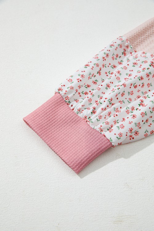 Pink Floral Patched Waffle Textured Colorblock V Neck Casual Hooded