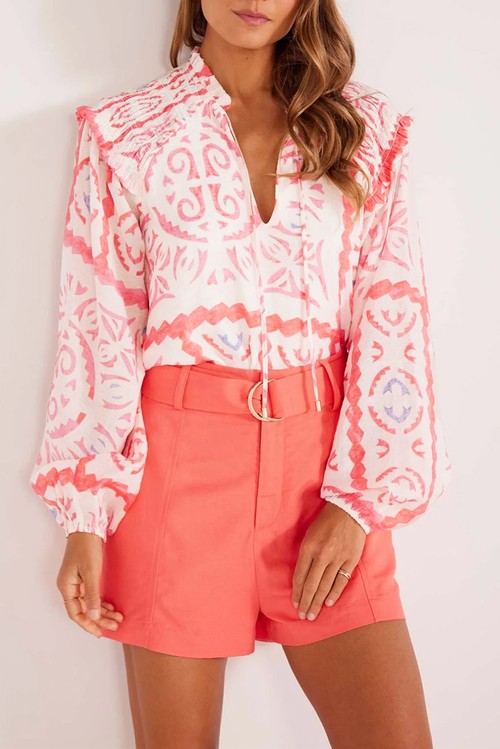 Desert Flower Vintage Print Smocked Poet Collar Billowy Blouson Sleeves