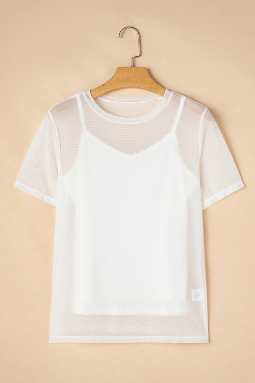 White Solid Color Sheer Mesh Patchwork Short Sleeve Top