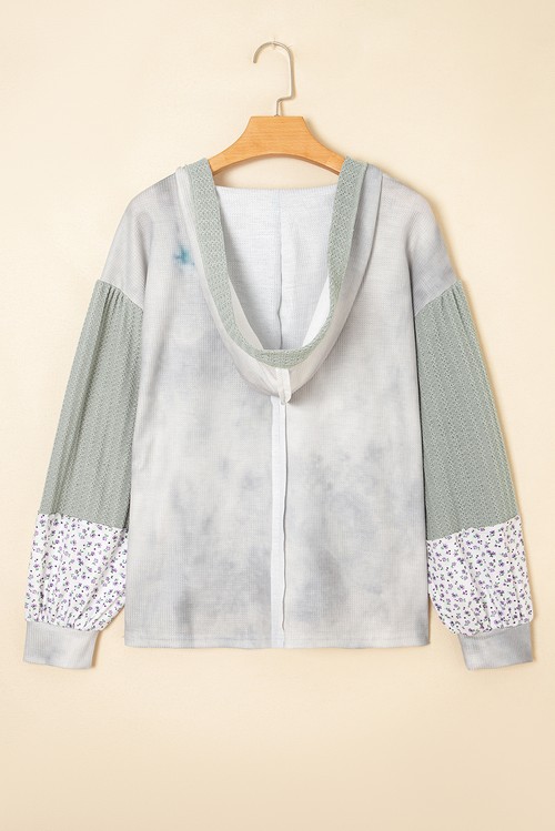 Green Floral Patched Waffle Textured Colorblock V Neck Casual Hooded