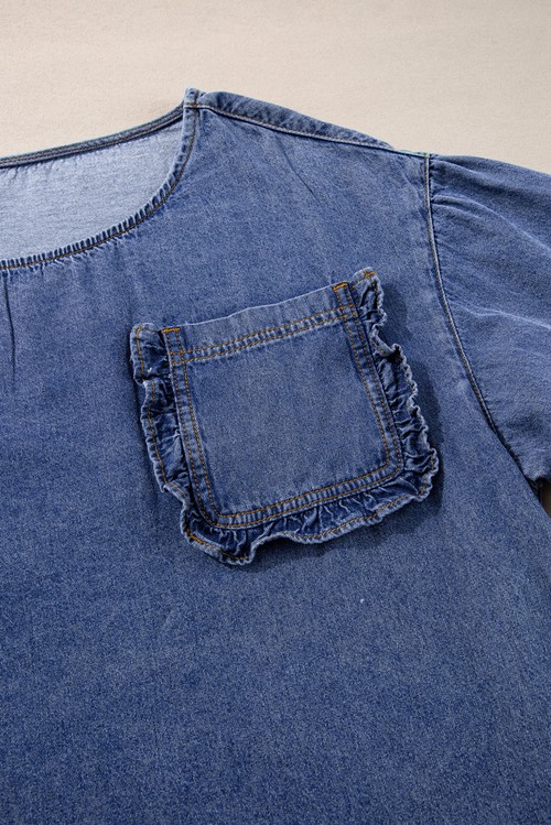Sky Blue 3 4 Sleeve Ruffled Patched Pocket Denim Blouse