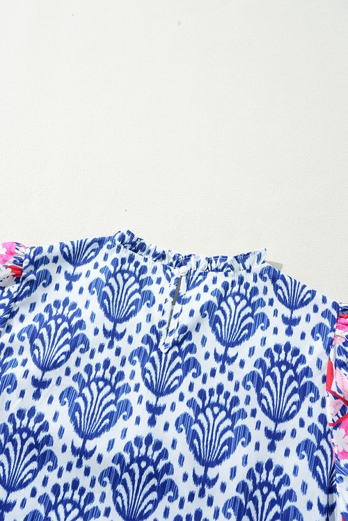 Blue Western Fashion Print Floral Puff Sleeve Frilled Neck Blouse