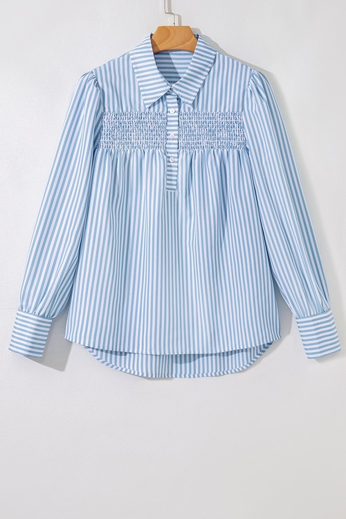 Sky Blue Stripe Shirred Detail Half Placket Collared Long Sleeve