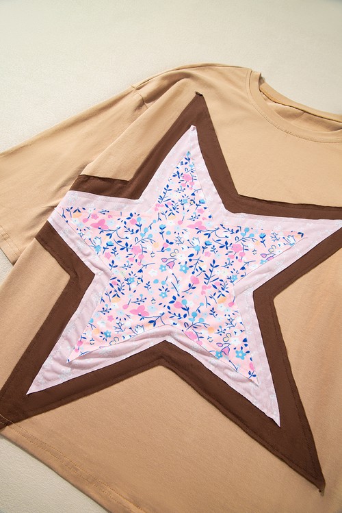Camel Floral Star Patchwork 3 4 Long Sleeve Top