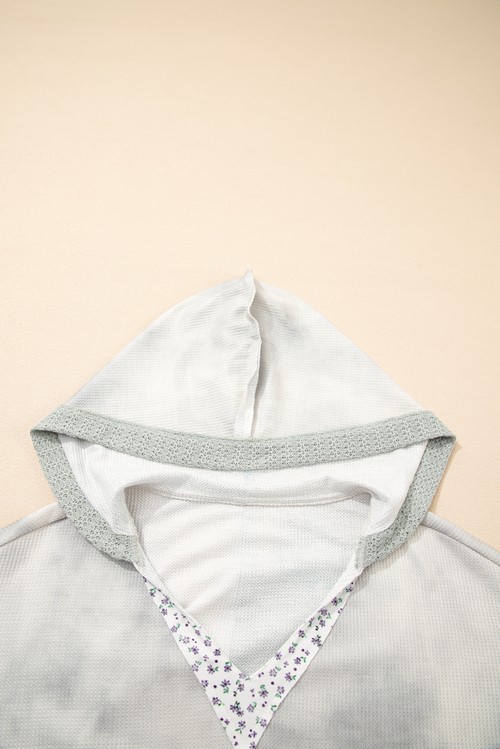 Green Floral Patched Waffle Textured Colorblock V Neck Casual Hooded