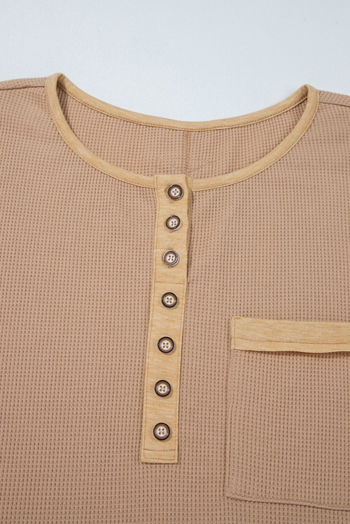 Dark Khaki Color Block Waffle Textured Tunic Henley Top with