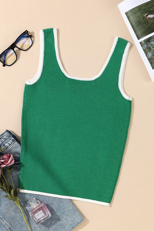 Dark Green Lightweight Ribbed Knit Contrast Trim Sweater Vest