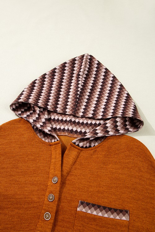 Straw Yellow Contrast Plaid Hood Patchwork Chest Pocket Henley Top