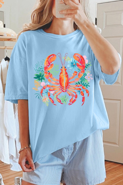 Light Blue Floral Summer Lobster Graphic Tee