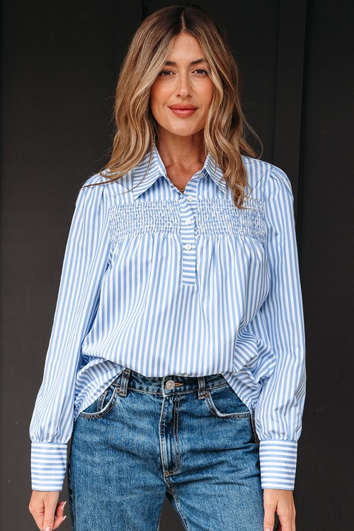 Sky Blue Stripe Shirred Detail Half Placket Collared Long Sleeve