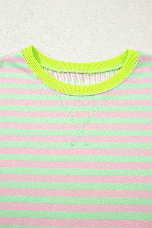 Green Stripe Contrast Ribbed Trim Crossed Stitch Drop Shoulder Sweatshirt