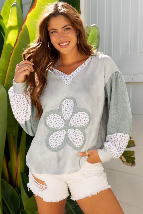 Green Floral Patched Waffle Textured Colorblock V Neck Casual Hooded