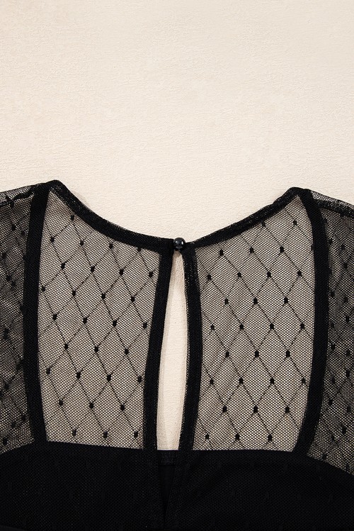 Black Polka Dot Mesh Long Sleeve Square Neck Bodysuit