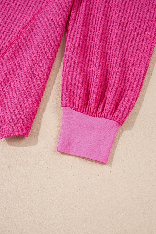 Bright Pink Waffle V Neck Long Sleeve Drop Shoulder Loose