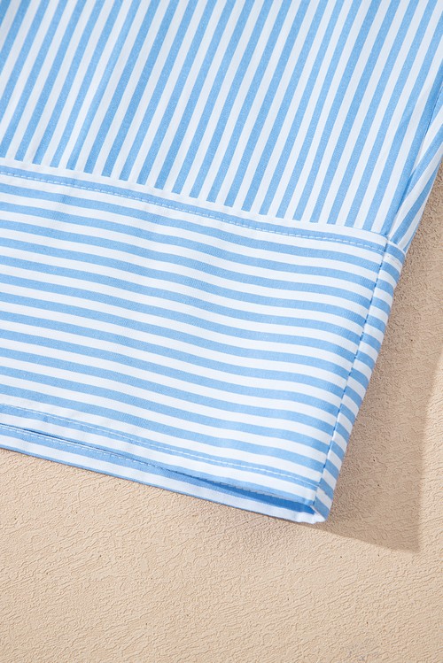 Sky Blue Stripe Contrast Collar Patchwork Hidden Button Short Sleeve